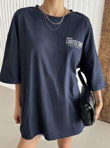 DAZY Letter Graphic Drop Shoulder Tee Summer Oversized T-Shirt - Navy Blue - View 3