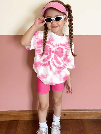 SHEIN 2pcs/Set Girl Tie Dye Butterfly Printed Casual Simple Round Neck Short Sleeve T-Shirt And Shorts Set, Suitable For Summer