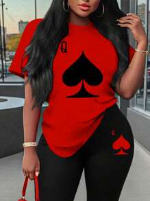 Maweii Bộ 2 món áo thun tay ngắn in hình trái tim cỡ lớn và quần legging - Nhiều màu - Xem 3