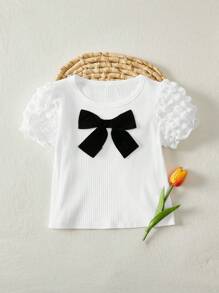 Cozy Pixies Young Girl Ruffle Bubble Short Sleeve Soft Knit Crew Neck Pullover Top - White - View 3