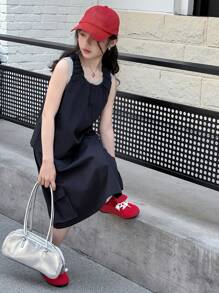 DAZY Tween Girl Solid Color Round Neck Tank Top With Pleats And Cargo Skirt Casual Set - Navy Blue - View 1