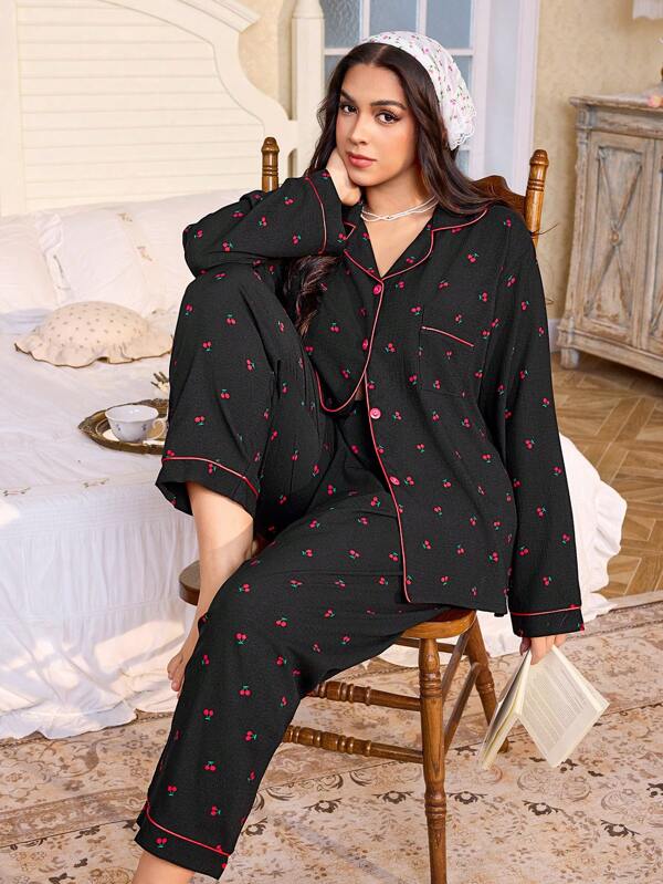 SHEIN Plus Size Comfortable Casual Cherry Print Top And Pants Pajama Set