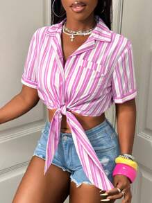 BamGleam Nouvelle chemise femme rayée rose avec nœud à l'avant, printemps/été 2025 - confortable, décontractée et parfaite pour les vacances