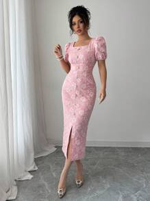 Modelyn 女式花卉提花方领泡泡袖开衩下摆修身连衣裙 - 淺粉色 - 查看 3