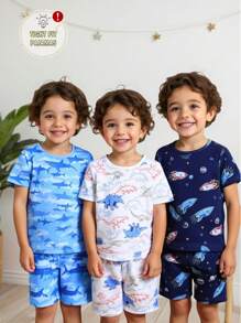 6pcs/Set Young Boy Cartoon Galaxy & Ocean Animal Print Snug Fit T-Shirt And Shorts Pajama Set