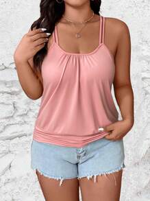 SHEIN LUNE Plus Size Casual Ruched Solid Color Camisole Top, Suitable For Summer - Pink - View 4