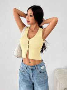 SHEIN PETITE Women's Solid Color Sleeveless V-Neck Cropped Knit Top - Mustard Yellow - View 5