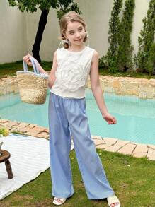 Set da 2 pezzi per ragazze pre-adolescenti, con top canottiera in in rete con fiori 3D e pantaloni larghi e dritti a righe - Multicolore - Visualizzare 6