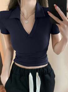 DAZY Áo thun nữ tay ngắn cổ polo ôm vừa vặn màu trơn, thường ngày mùa hè - Màu xanh hải quân - Xem 3