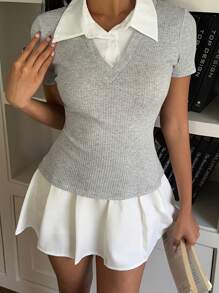 SHEIN EZwear Women's Color Block Ribbed Mini Dress, Casual Short Sleeve Summer - Grey - View 5