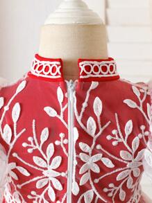 Baby Girl Floral Embroidery Mesh Ruffle Sleeve Cute Dress,Holiday,Summer, Travel - Red - View 4