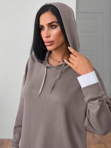 ZIRRA 2件套女士休闲宽松连帽长袖上衣和裤子套装 - 摩卡棕 - 查看 7