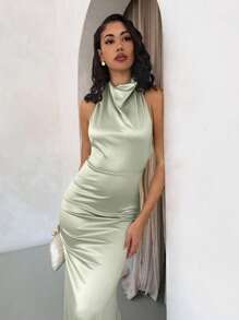 Glamine Elegant Halter Neck Backless Dress With Pearl Decor, Figure-Flattering, Suitable For Formal Occasions And Garden Parties - Mint Green - View 4
