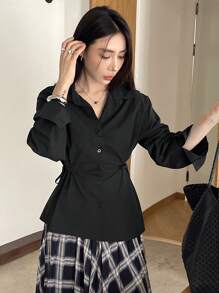 DAZY 女士束腰侧系带长袖衬衫 - 黑色 - 查看 4