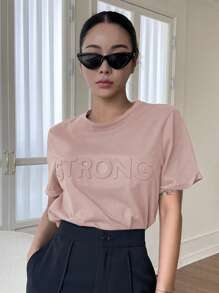 DAZY Letter Embossed Round Neck Tee - Pink - View 6