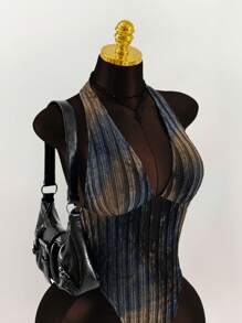 Amplova 深 V 领挂脖式纹理扎染紧身衣 - 卡其色 - 查看 4