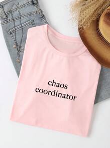 INAWLY Áo thun nữ thường ngày rộng rãi màu hồng có khẩu hiệu Chaos Coordinator - Hồng - Xem 3