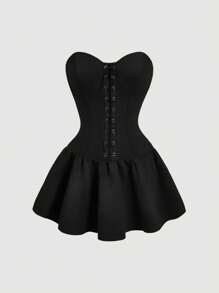 SHEIN MOD Bandeau Cinched Waist Front Swing Dress, Boho Style Black Goth - Black - View 1