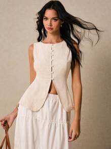 Poéselle 女士夏季休闲无袖纯色衬衫 - 杏色 - 查看 3