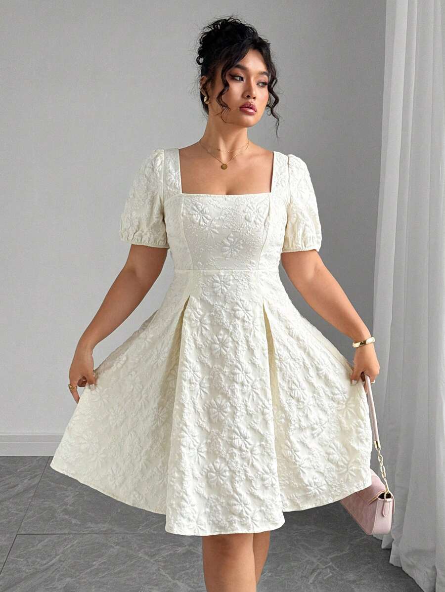 Elenzga 大码女式热销花卉提花优雅泡泡袖方领中长连衣裙 - 杏色 - 查看 1