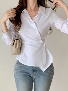 DAZY Asymmetrisches Design Langarm Raffung Taille Frauen Bluse