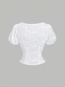 Sweetra 法式白色泡泡袖撞色蕾丝修身女式衬衫，春夏 - 白色 - 查看 7