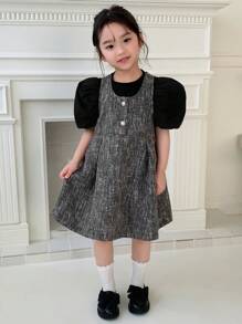 DAZY 2件套少女夏季优雅纯色泡泡袖上衣和无袖连衣裙套装 - 黑色 - 查看 4