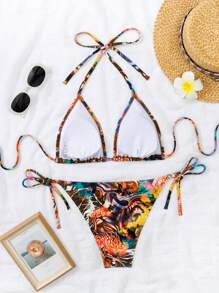 2pcs/Set Summer Halter Floral Print Triangle Bikini, Thin Side Strap Sexy Swimsuit - Multicolor - View 2