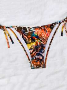 2pcs/Set Summer Halter Floral Print Triangle Bikini, Thin Side Strap Sexy Swimsuit - Multicolor - View 3