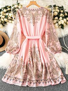 Rometta 大码女式局部印花优雅灯笼袖 V 领修腰 A 字形连衣裙 - 粉色 - 查看 6