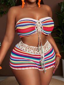 Slaydiva Novos looks de Páscoa, faroeste, feriados e primavera/verão 2025 para mulheres plus size, top casual minimalista com listras vazadas e shorts, conjunto de suéter de malha feminino plus size de 2 peças - Multicolorido - Ver 4