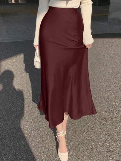 DAZY Falda larga de satén con corte sirena y unicolor, para primavera/verano