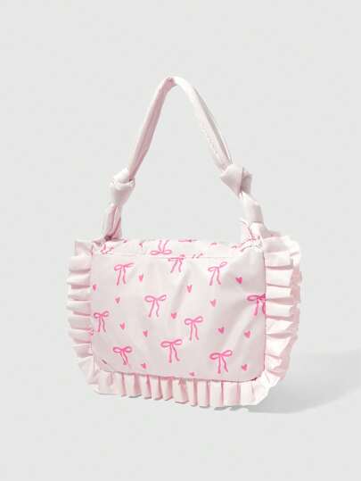 Kawaii Women's Bow Print Frilled Edge Cute Tote Bag
