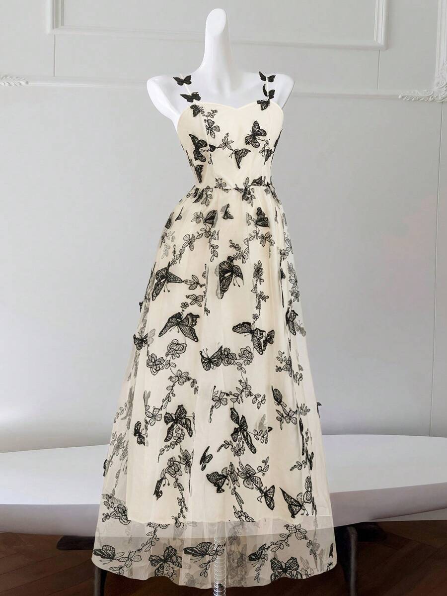 DreamSkyne Plus Size Women Butterfly Decoration Slip Romantic Floral Dress, Elegant Sweet Sexy Spring Dress, Easter Holiday Dress, Beach Outfit - Black - View 1