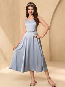 SHEIN 少女四季优雅婚礼花童礼服、伴娘闪亮缎面无袖连衣裙、奢华高低下摆公主裙 - 淺藍色 - 查看 5