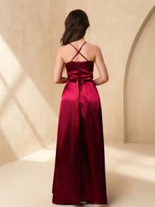 SHEIN High-End Flower Girl Halter Neck Satin Layered Ruffle Hem A-Line Long Formal Dress, Suitable For Weddings, Galas, Birthdays, Prom, Performances - Burgundy - View 2