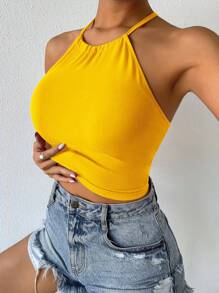 Chiquease 1 件女式纯色露背系带修身挂脖背心 - 黃色 - 查看 3