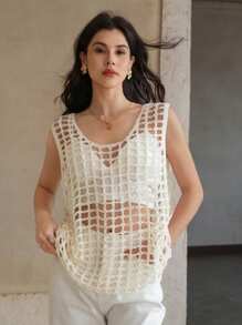 DAZY Solid Color Round Neck Sleeveless Sheer Hollow Out Pullover Sweater Vest - White - View 3