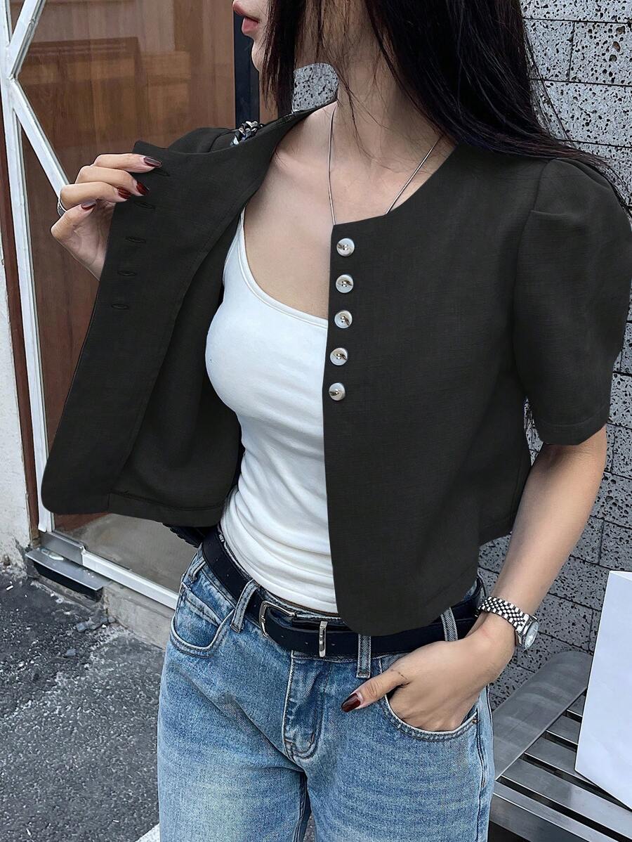 DAZY 女士纯色泡泡袖短袖衬衫，蓝色，春夏 - 黑色 - 查看 1
