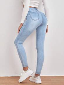 SHEIN EZwear Calça Denim Skinny de Cintura Alta Rasgada Primavera - Lavagem clara - Visão 2