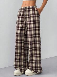 Muchica Women's Plaid Drawstring Waist Loose Wide Leg Casual Pants - Multicolor - View 5