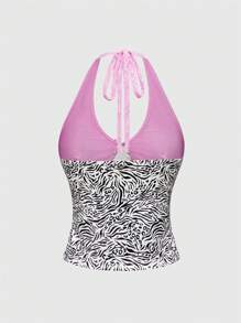 ROMWE Avant 度假岛蕾丝拼布斑马纹豹纹花卉印花挂脖女式背心 - 彩色 - 查看 2