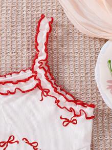 2pcs Girls Minimalist White Background Red Cherry Print Camisole And Pants Comfy Pajama Set - White - View 5