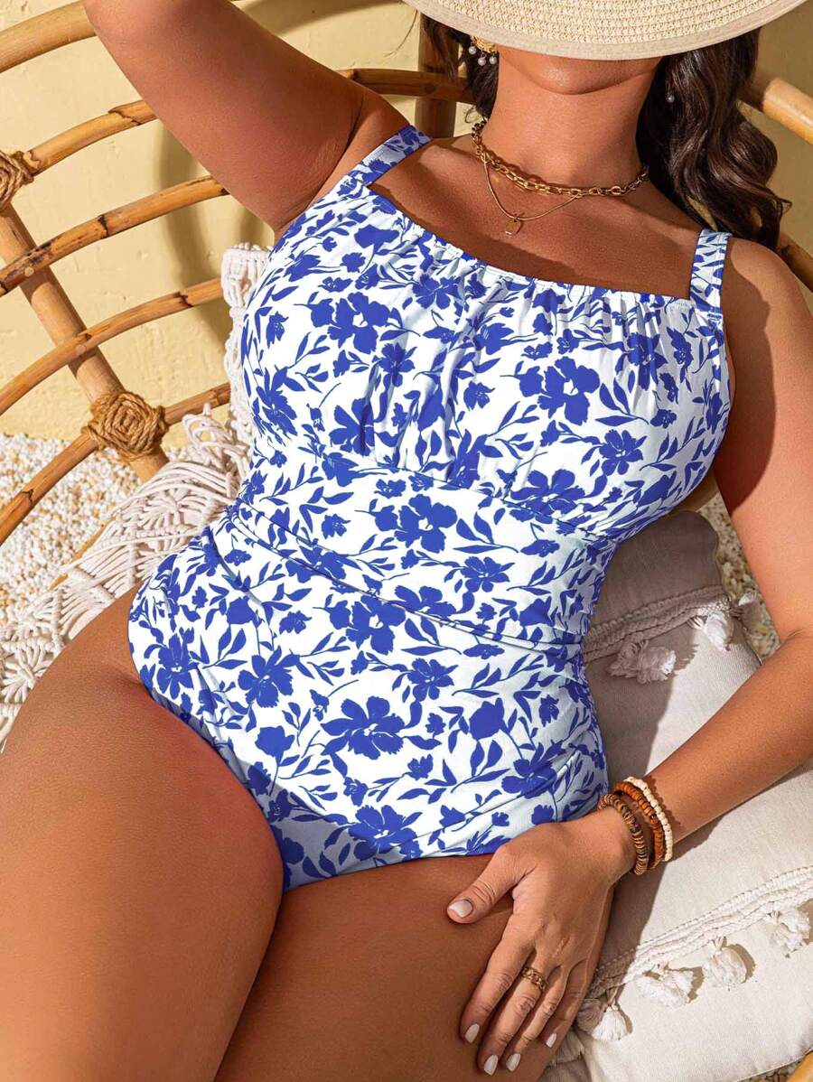 SHEIN Swim Mod 大码女式随机印花修身休闲假日连体泳衣 - 彩色 - 查看 1