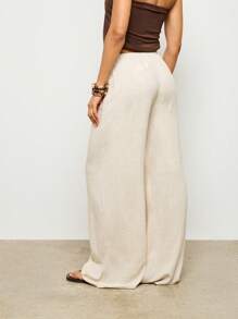 AiiRZ Drawstring Linen Look Wide Leg Trouser - Apricot - View 2