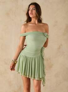 SHEIN BAE Vestido camisola drapeado asimétrico y ajustado con volante en forma de flor 3D, vestido de verano ajustado y con volantes, dulce para primavera/verano, vacaciones - Verde - Ver 6