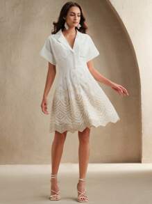 Anewsta 女士优雅度假拼色刺绣镂空刺绣衬衫领连衣裙，春夏装 - 黃色 - 查看 6