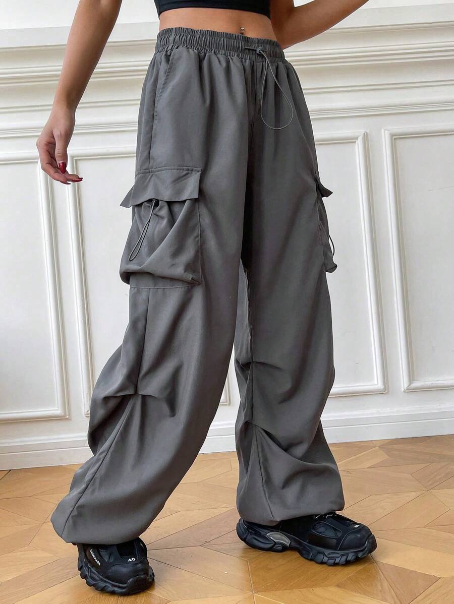 Coolane Sport Grey Flap Pocket Side Drawstring Waist Parachute Cargo Pants