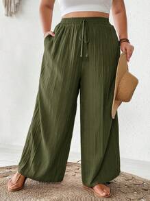 SHEIN CURVE+ Plus Size Summer Women Casual Beach Wear Fashion Office Lady Elegant Wide Leg Pants, Pocket Pants, Beach Holiday