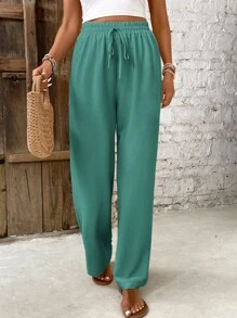 SHEIN Frenchy Pantalones casuales rectos y sueltos con lazo para la cintura de unicolor para mujer